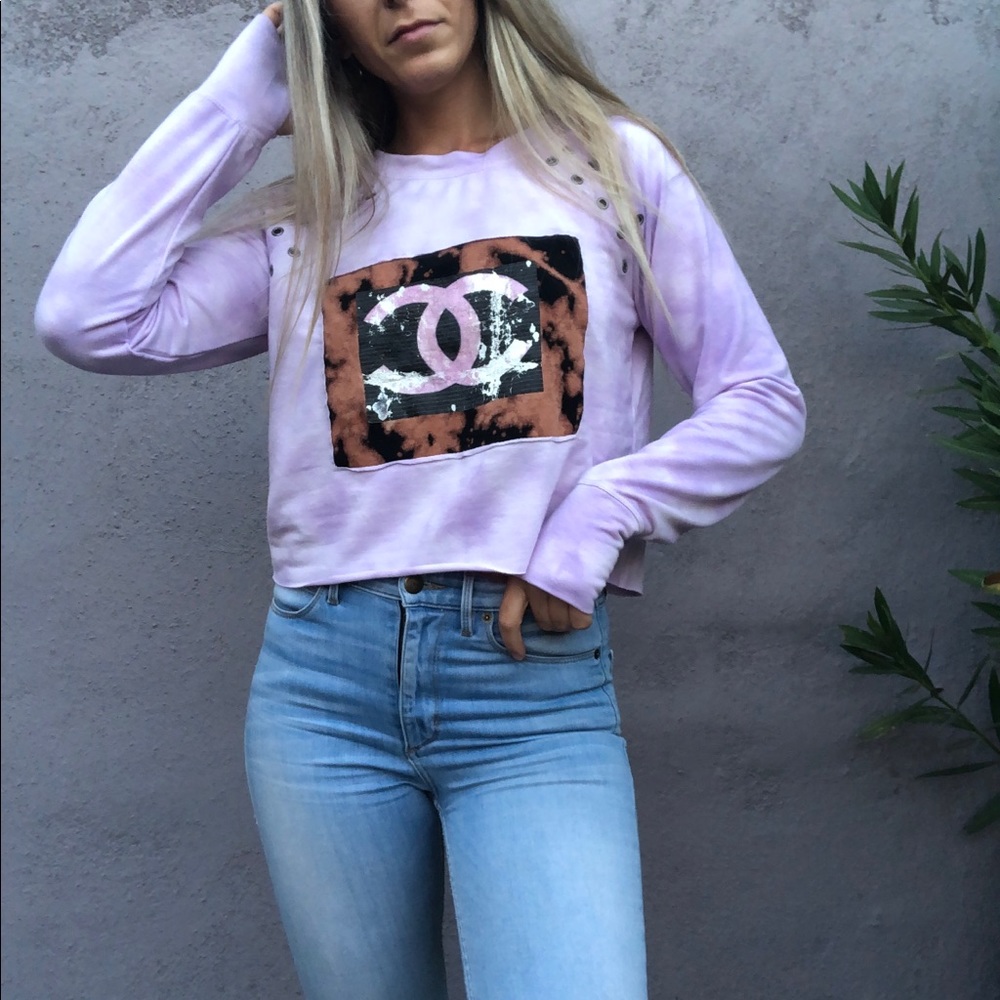 Black purple acid wash crop crewneck eyelet detail